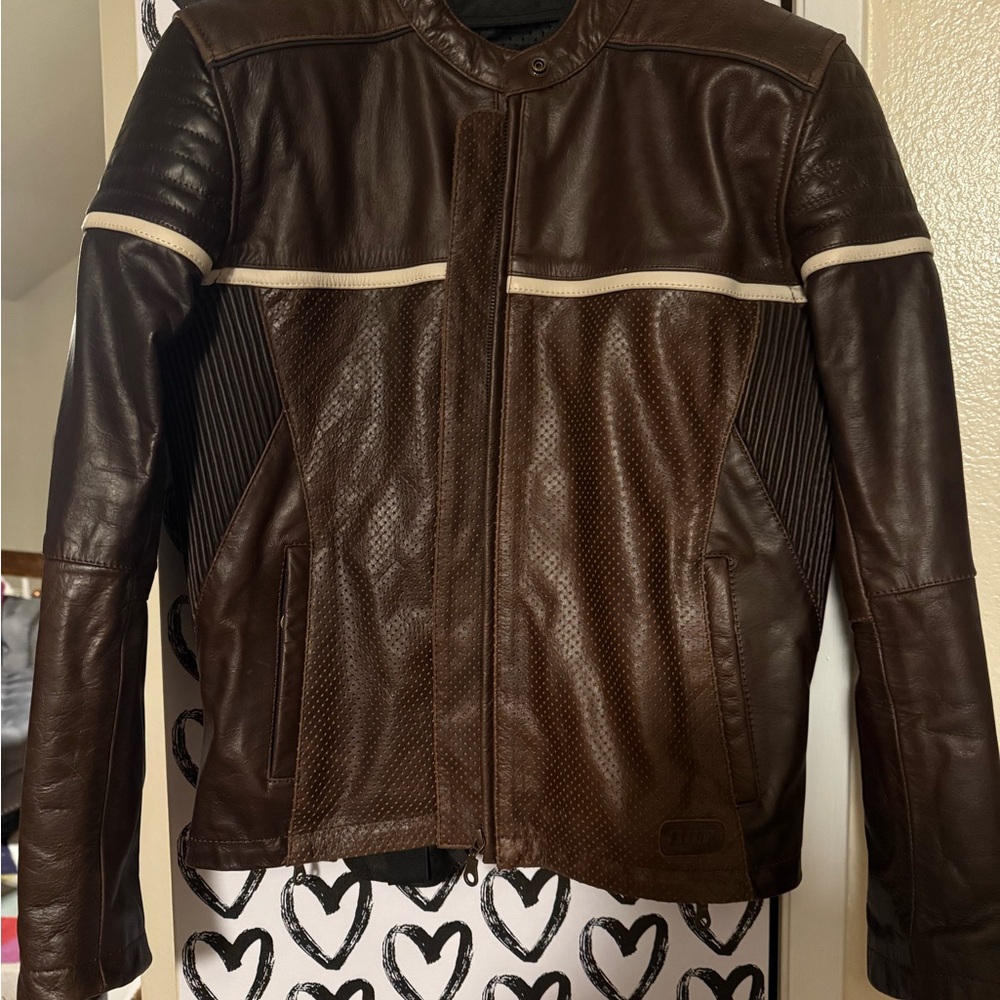 Women's Brown Leather Jacket with Cream Accents